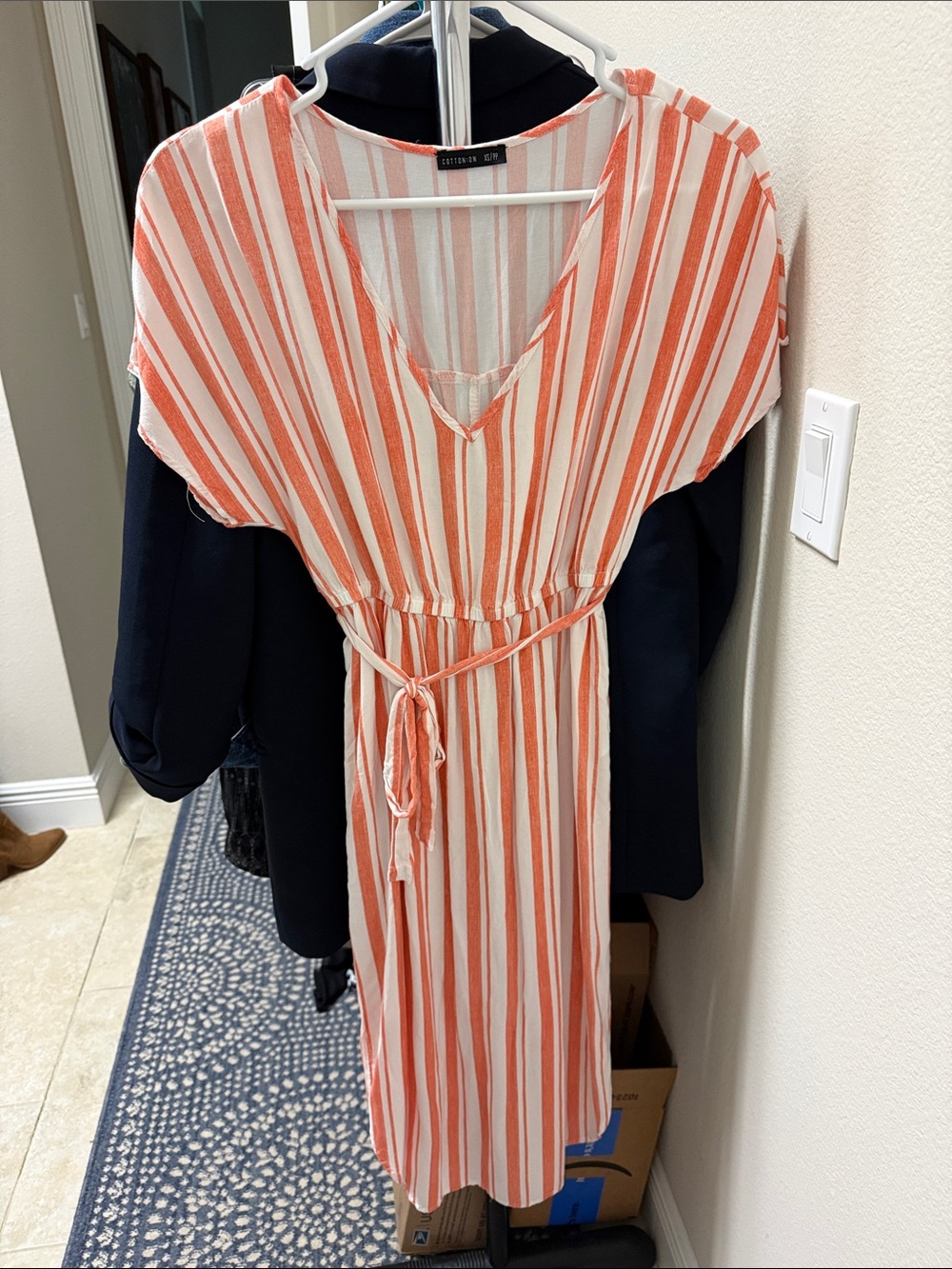 Striped V-Neck Tie-Waist Dress in Orange & White